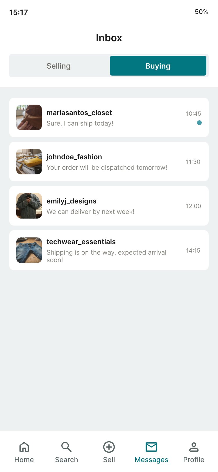 Buying view: a conventional list of message threads, each with the latest message and a timestamp.