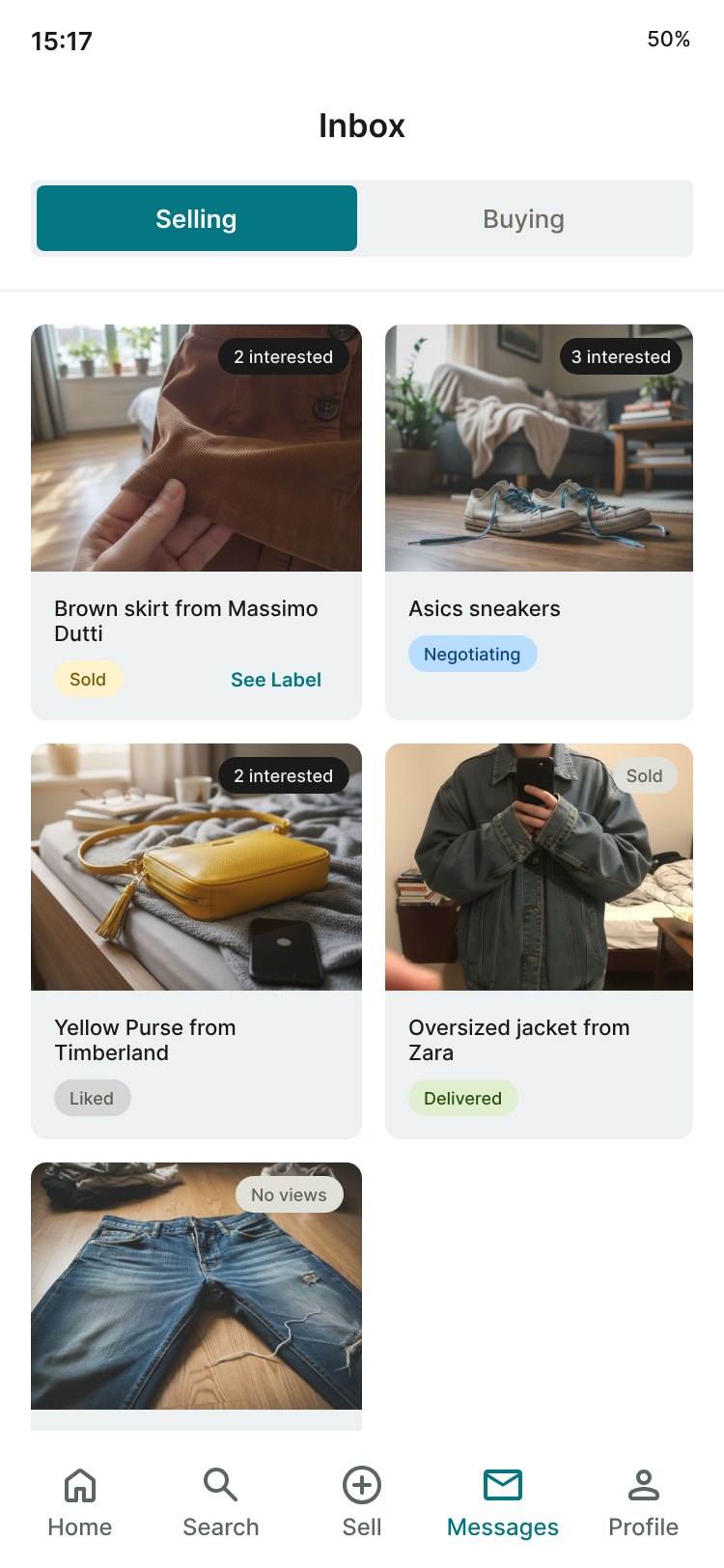 Vinted inbox concept, Selling view: a grid of items — each with a photo, a status tag (Sold, Negotiating, Liked, Delivered, No views) and an interest count.